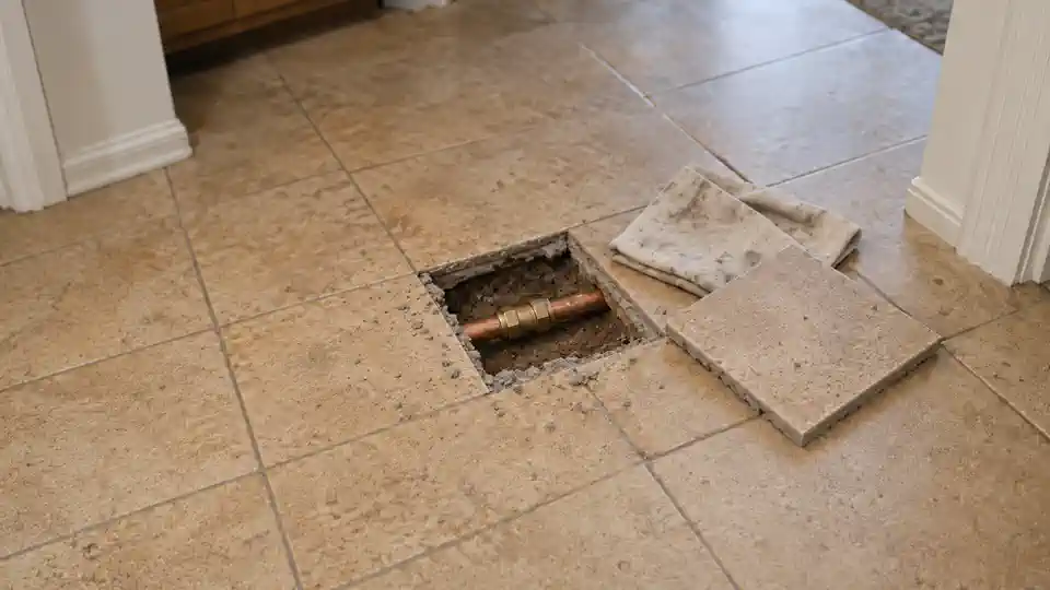 Single tile access opening with repaired copper hot water line pressure tested