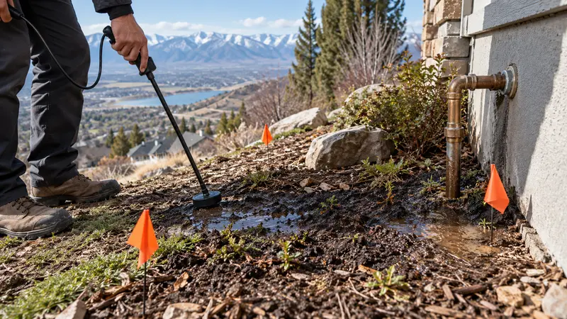 Wet hillside service entry before leak detection