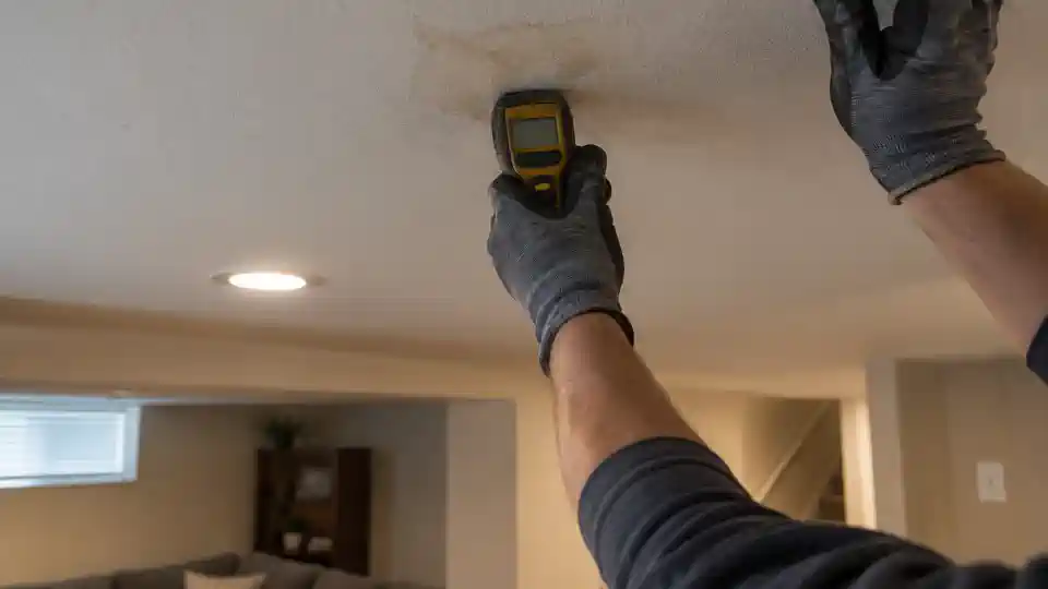 Moisture meter on a finished basement ceiling during leak detection Fox Hollow Spanish Fork visit