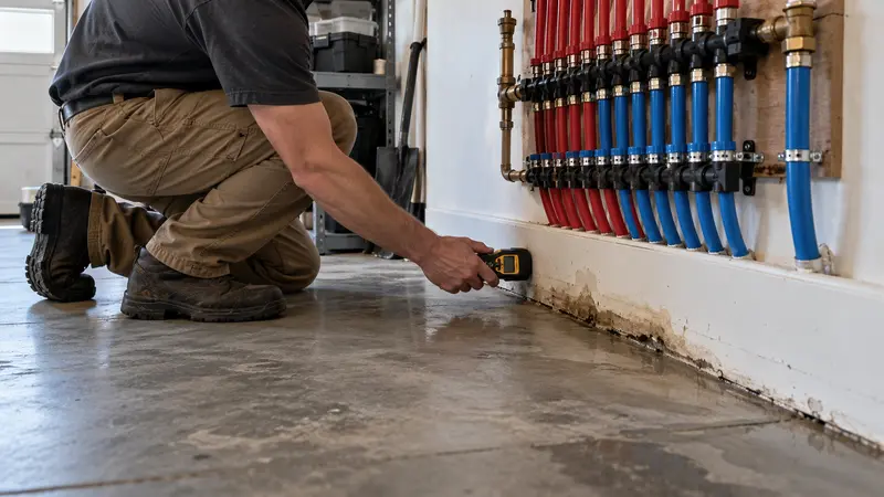 Damp garage baseboard before leak detection