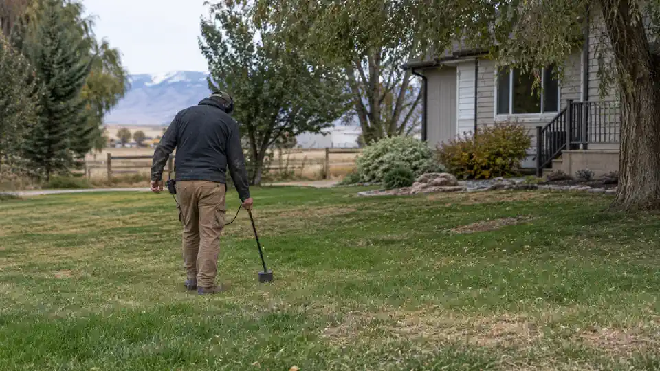 Ground microphone on a long front lawn during leak detection Mapleton UT visit