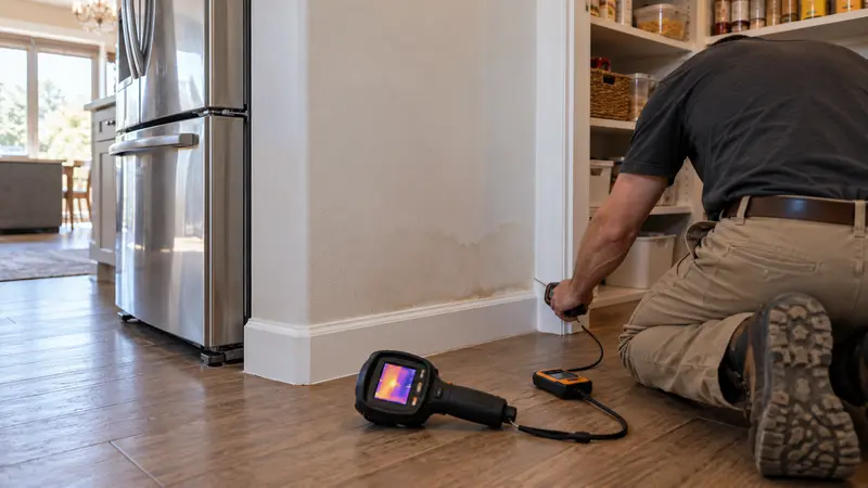 Damp pantry wall before concealed leak detection