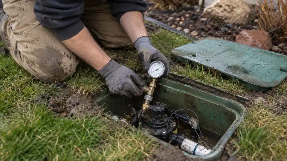 Tech testing a sprinkler valve box during leak detection Salem UT visit