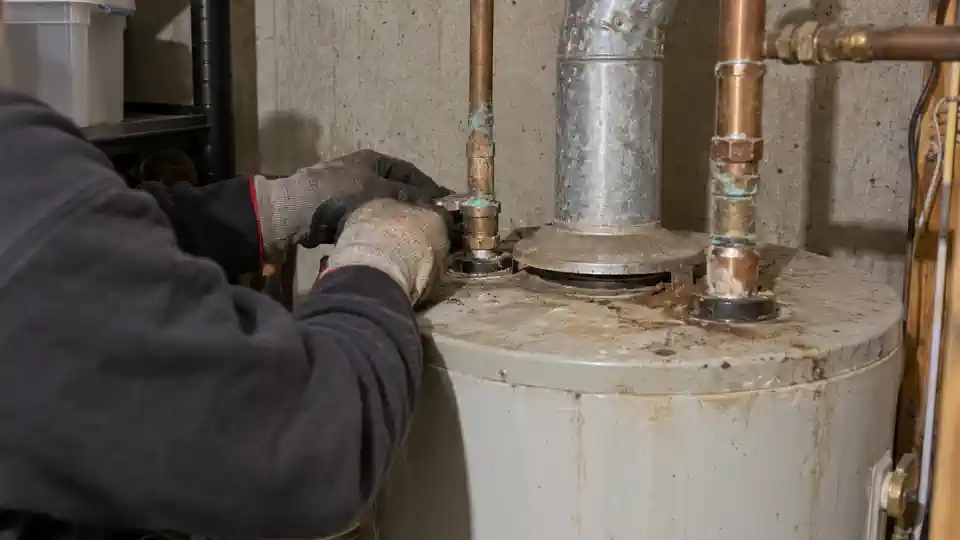 Tech checking an older water heater during leak detection Spanish Oaks Spanish Fork visit
