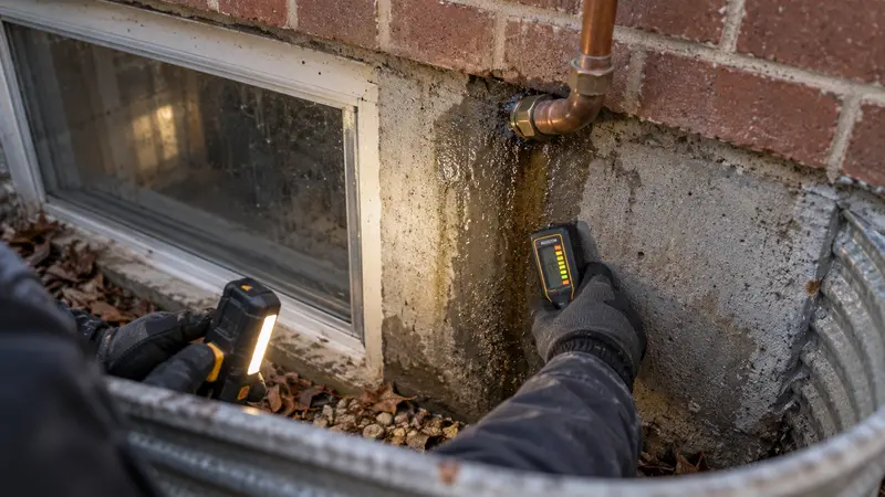 Wet older-home foundation seam before leak repair