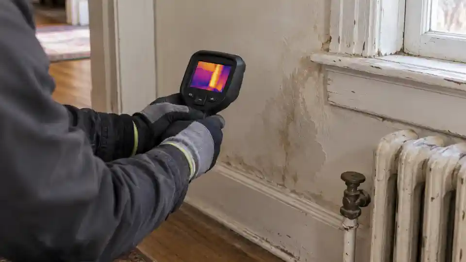 Thermal scan of an older brick home wall during leak detection Springville UT visit