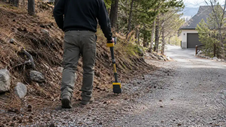 Pipe locator on a wooded slope during leak detection Woodland Hills UT visit