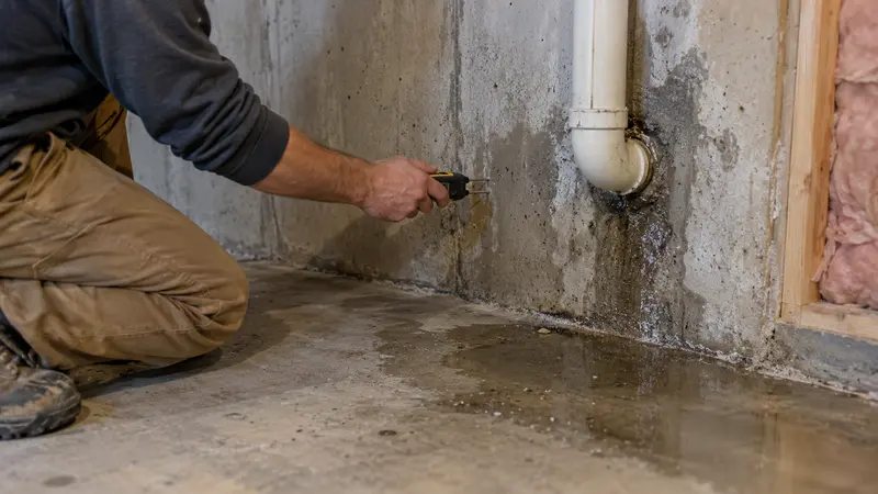 Wet foundation plumbing penetration before basement leak detection