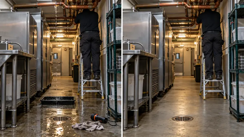 Leaking restaurant utility branch before a second inspection