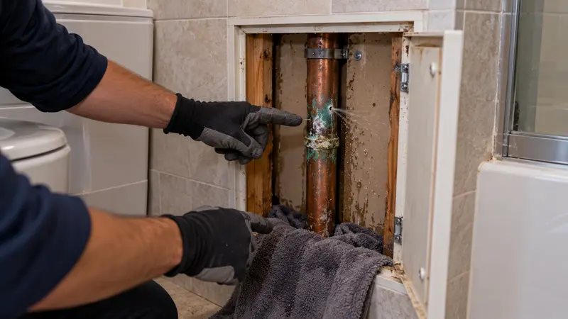 Corroded vertical copper riser before pinhole leak repair