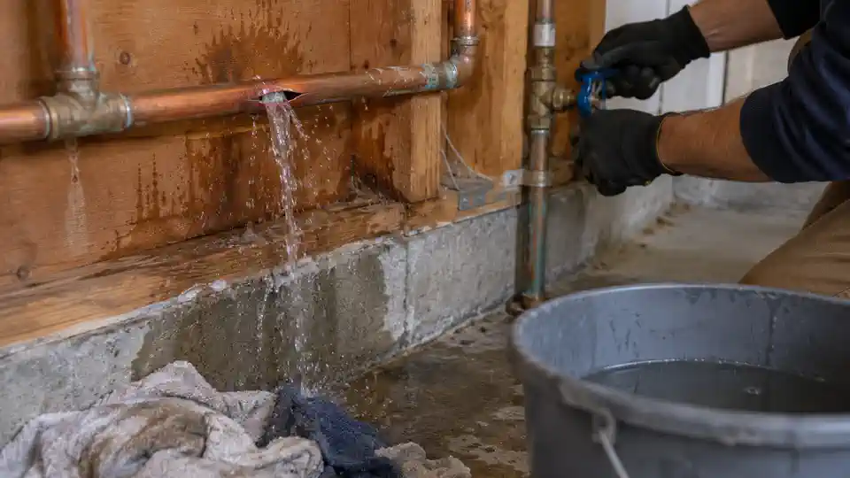 Split copper line in a garage before burst pipe repair Spanish Fork job