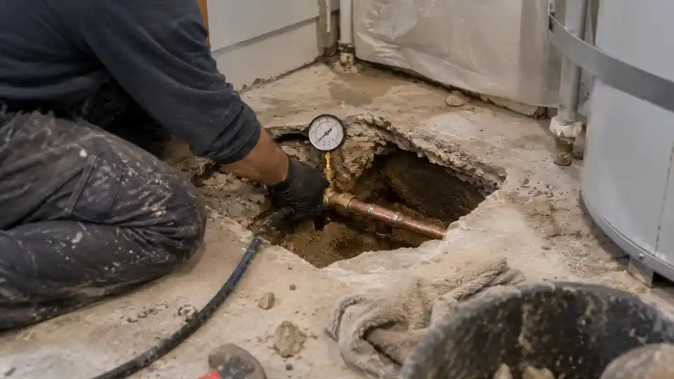 Small concrete opening over a marked pipe during slab leak repair Spanish Fork job