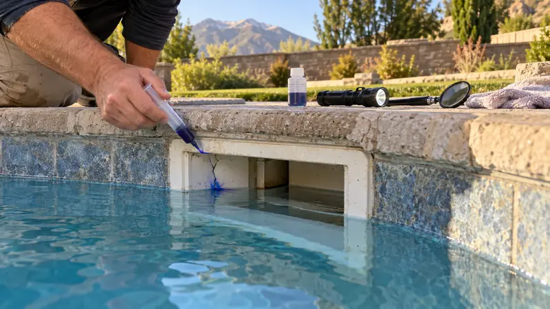 Cracked pool skimmer before leak detection and repair