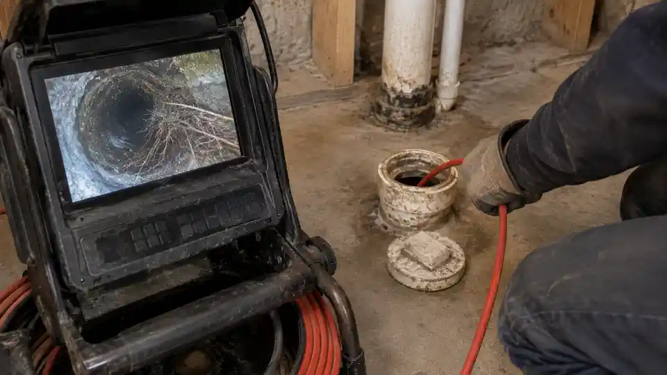 Sewer camera screen showing roots during a sewer line inspection Spanish Fork visit