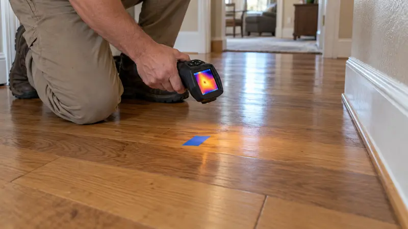 Warm damp hardwood area before a second slab leak inspection