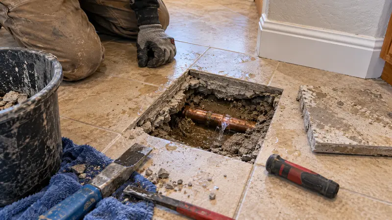 Leaking under-slab copper line before repair