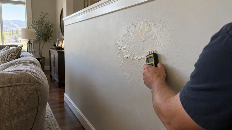 Blistered living room wall before concealed leak detection