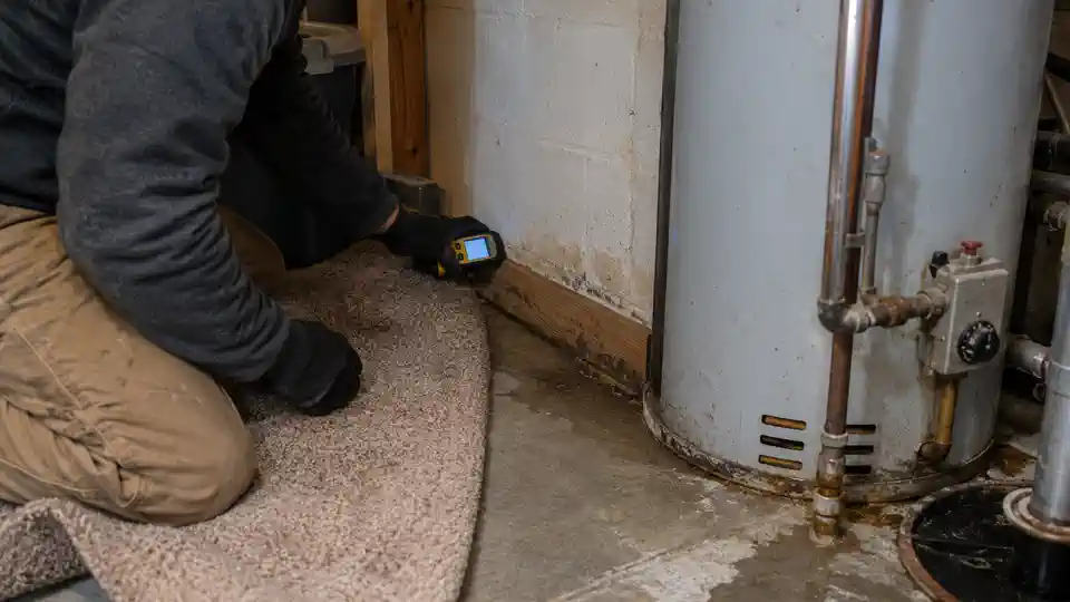 Tech checking wet carpet by a water heater during basement leak detection Spanish Fork visit