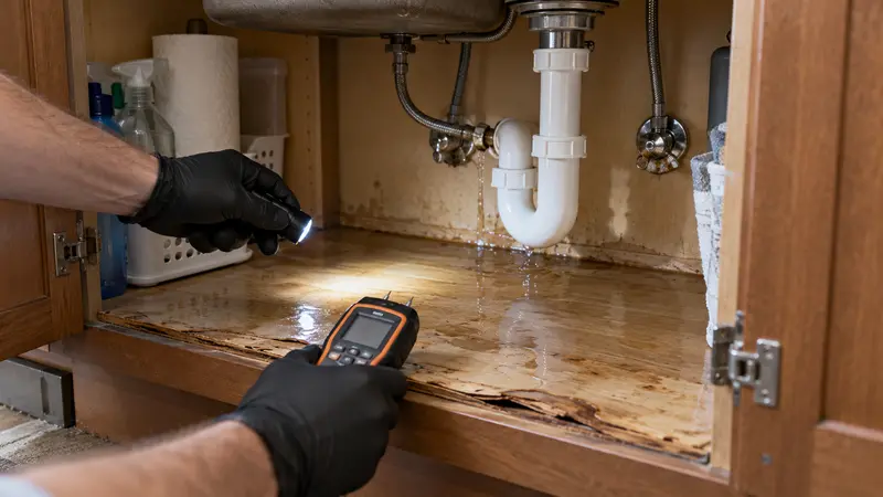 Wet sink cabinet before a second water leak detection job