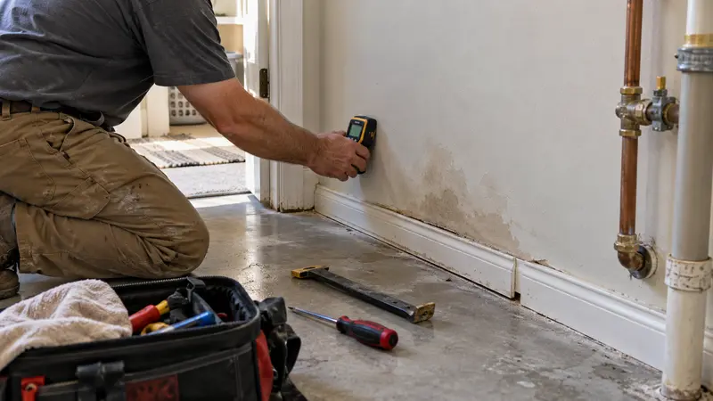 Damp wall and lifted baseboard before water leak detection in Spanish Fork