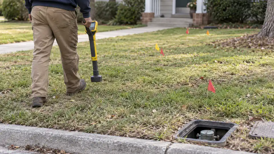 Pipe locator tracing a service line during main water line leak detection Spanish Fork visit
